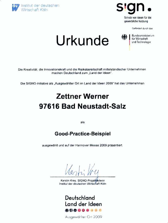 Urkunde Zettner SIGNO Preis 2009